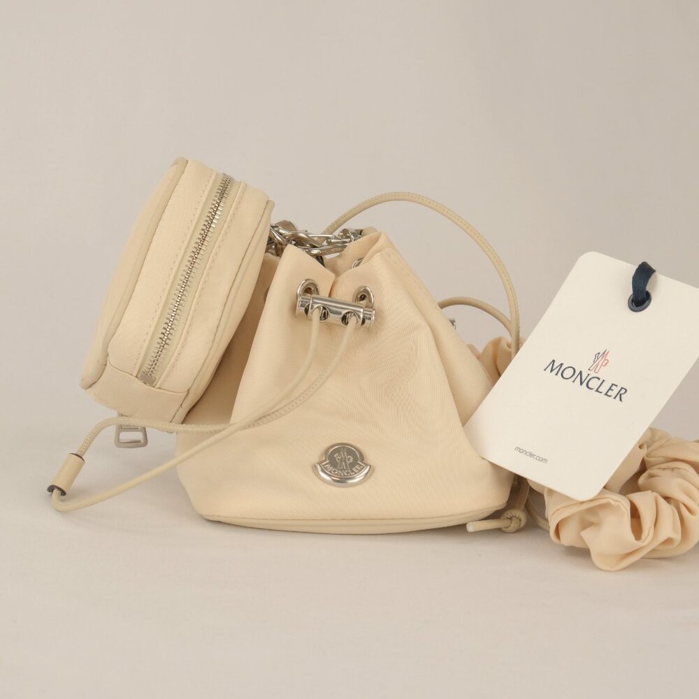Moncler Nylon and Leather Drawstring Double Mini Pouch Bucket Bag, Ivory